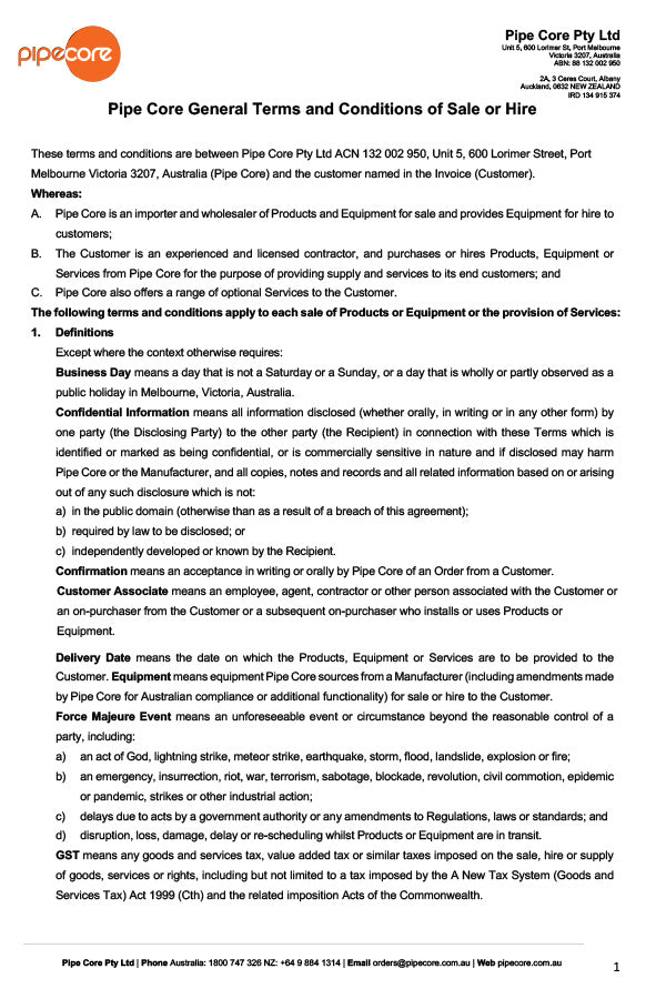 Pipe Core General Terms And Conditions Of Sale Or Hire